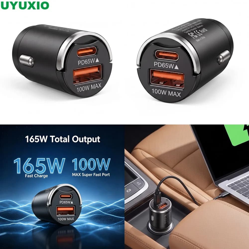 165W Dual Output Car Charger Durable Zinc Alloy Mini Body with 65W USB C and 100W USB A Outputs for Cars Trucks SUVs and Vans