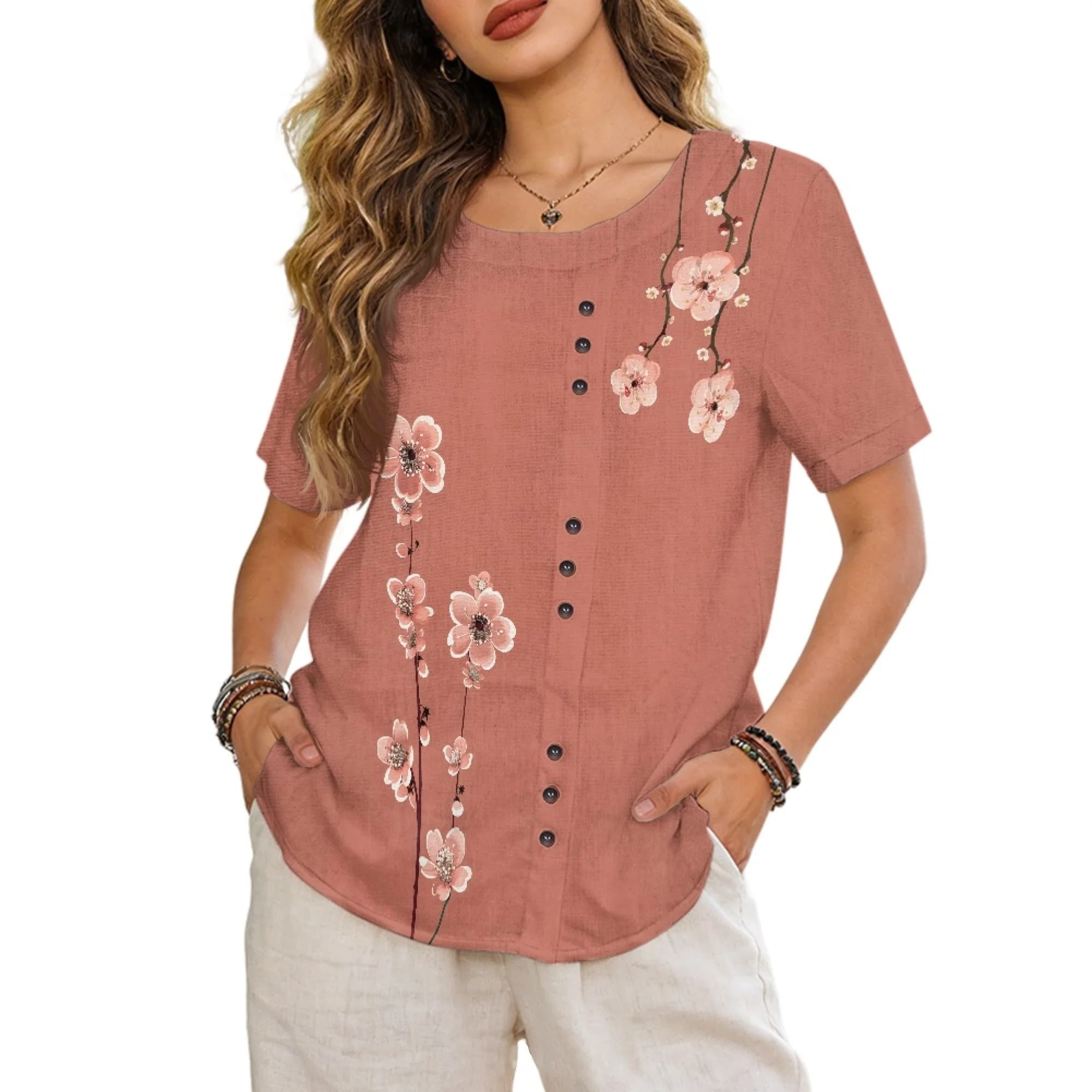 INSTANTARTS Women's Linen Short-Sleeved Shirt Women Linen-Style Tunic Short Sleeve Shirts Chinese Style Crew Neck Tops Blouse
