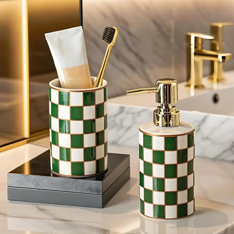 Luxury Cylindrical Ceramic Lotion Bottle with Grid Pattern Rinse Cup Bathroom Accessories Portable Soap Dispenser Lotion Bottle