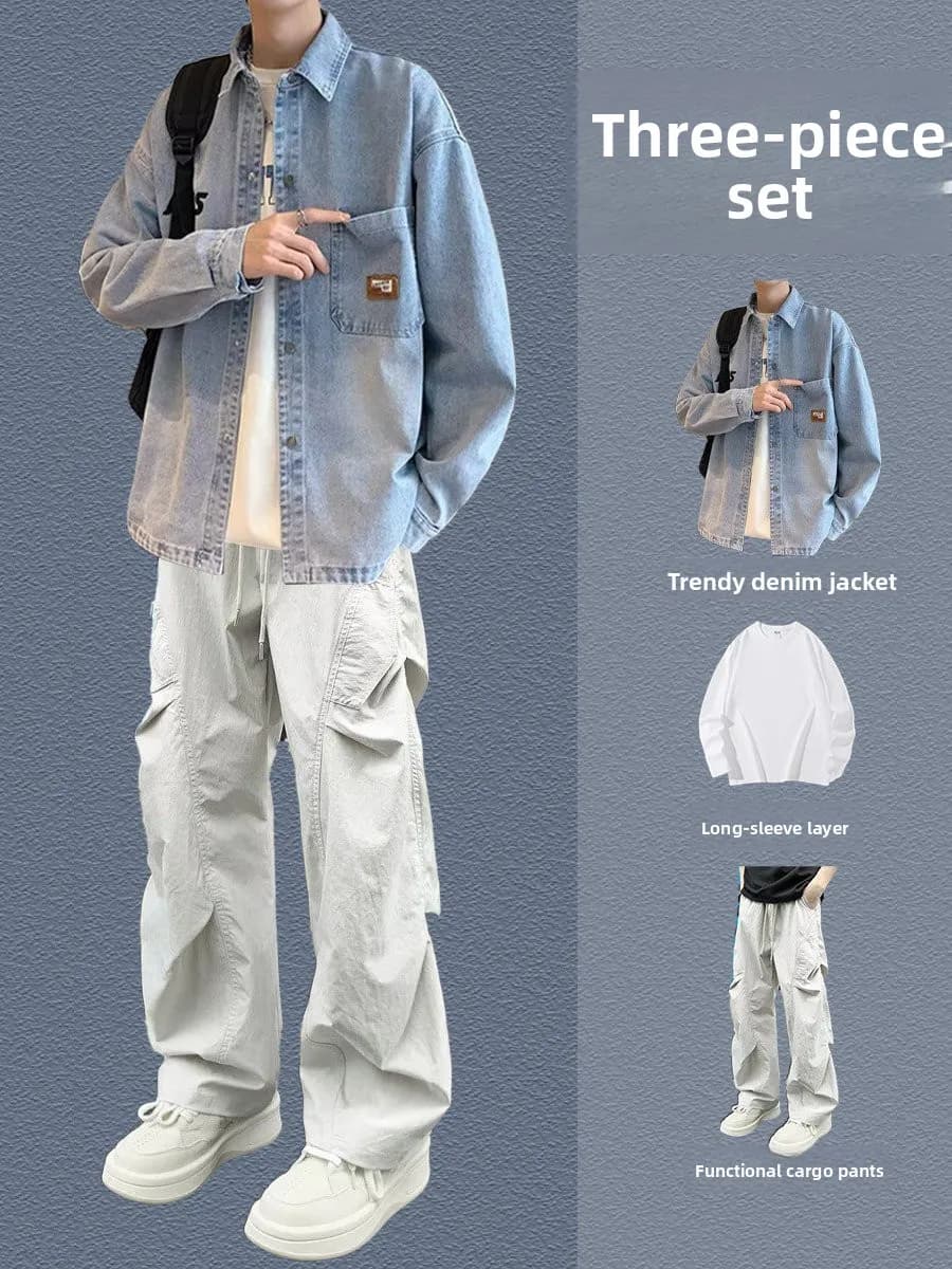 Spring Autumn New Style Men's Casual Denim Shirt Cool Teenager Leisure Jacket Set Long Sleeve Long Pants Fashionable Outfit