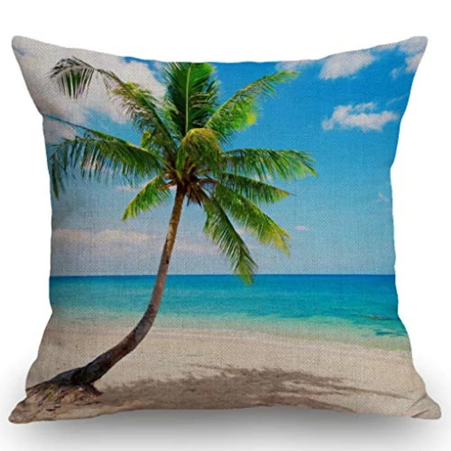 Beach Seaside Palm Tree Blue Sea and Sky Decoration Cotton Linen Home Decorative Throw Pillow Case Cushion Cover for Sofa Couch