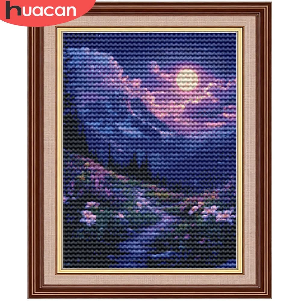 Set da Ricamo HUACAN Paesaggio Montano 11CT, Kit Punto Croce Stampato, Fiori, Cucito a Mano, Filo DMC, Tela Stampata