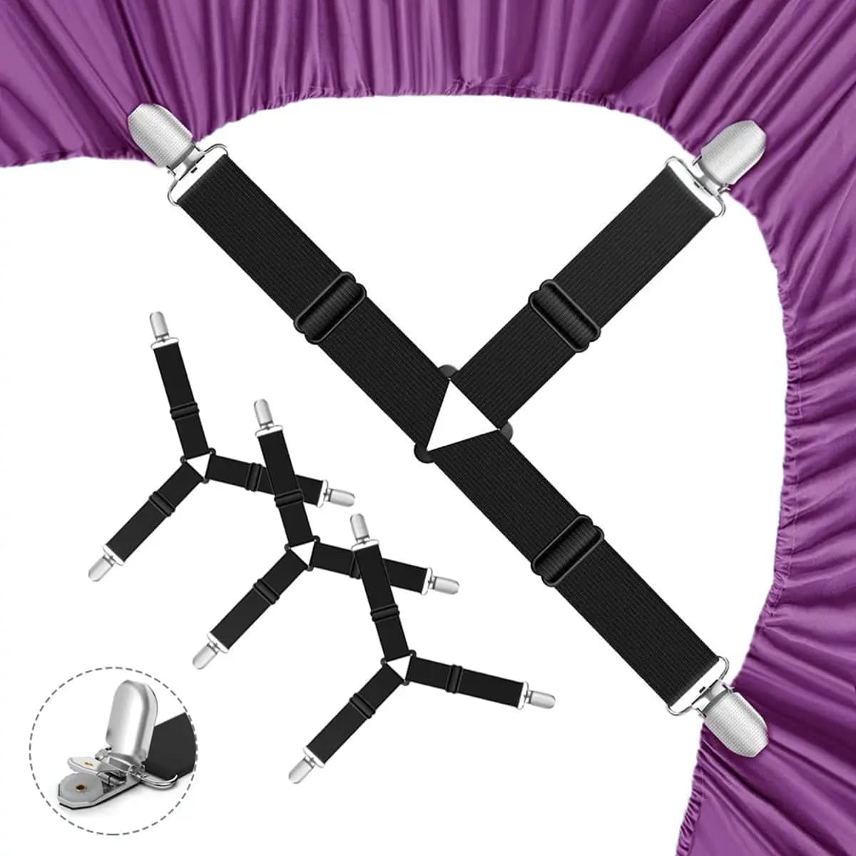 Set di 4 Cinghie Nere per Fissare le Lenzuola, Clip Antiscivolo Migliorate, Supporti per Lenzuola con Angoli, Facili da Installare, Accessori Elastici Regolabili e Resistenti