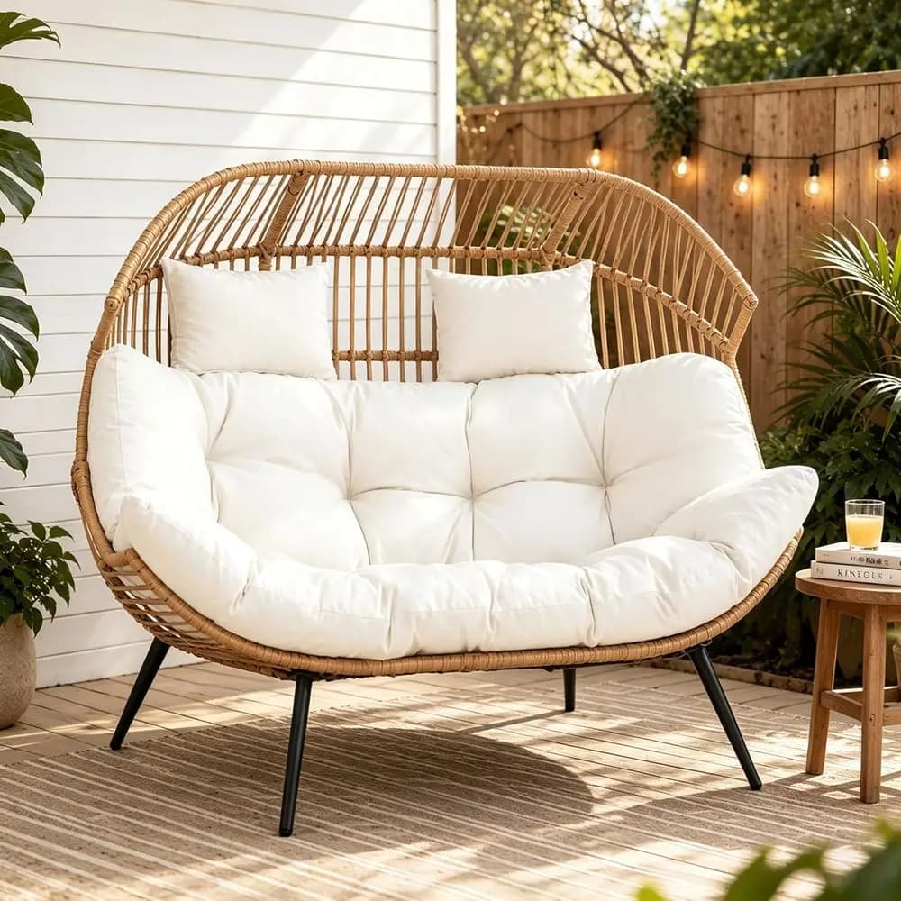 Poltrona a Uovo Doppia Oversize per 2 Persone con Cuscino Imbottito Spesso, Adatta per Patio, Interni, Balcone, Cortile, Giardino, Beige