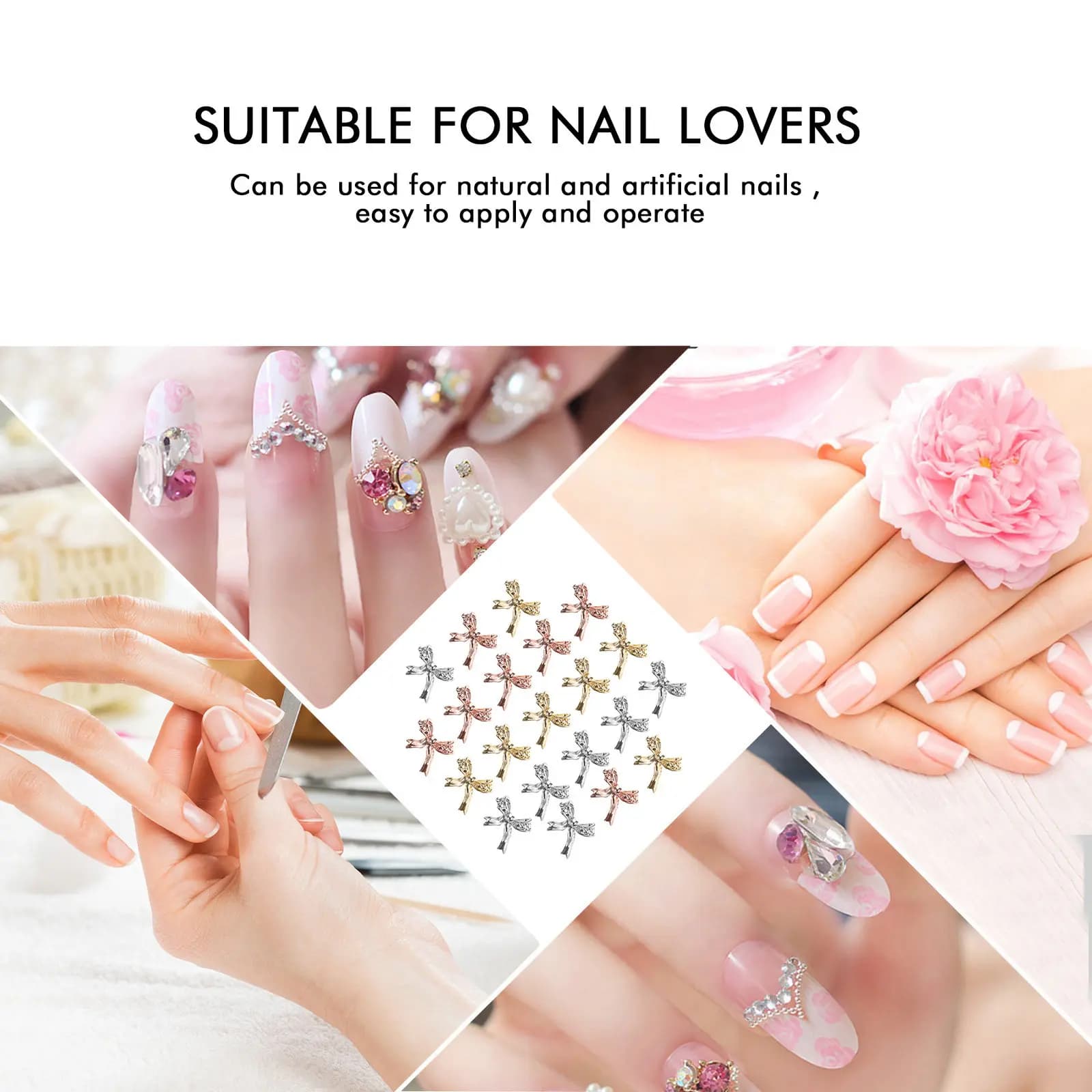 Decorazioni per Unghie in Metallo a Forma di Fiocco, Accessori Leggeri in Lega per Manicure, Ideali per Banchetti, Matrimoni e Feste, con Borsa per il Trasporto