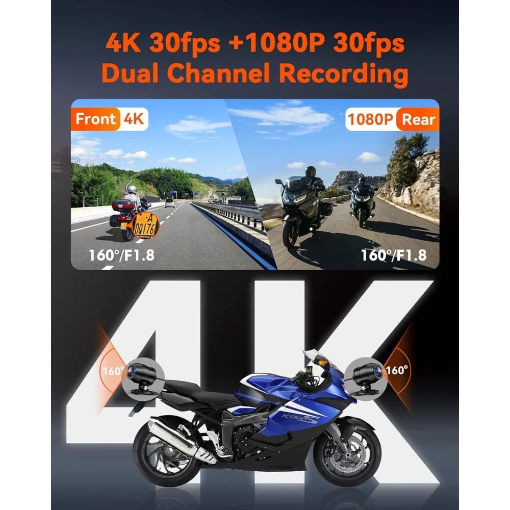 F1 Moto 4K Dash Cam anteriore e posteriore, telecamera moto 4K + 1080P, corpo intero IP67 impermeabile, GPS Wi-Fi,