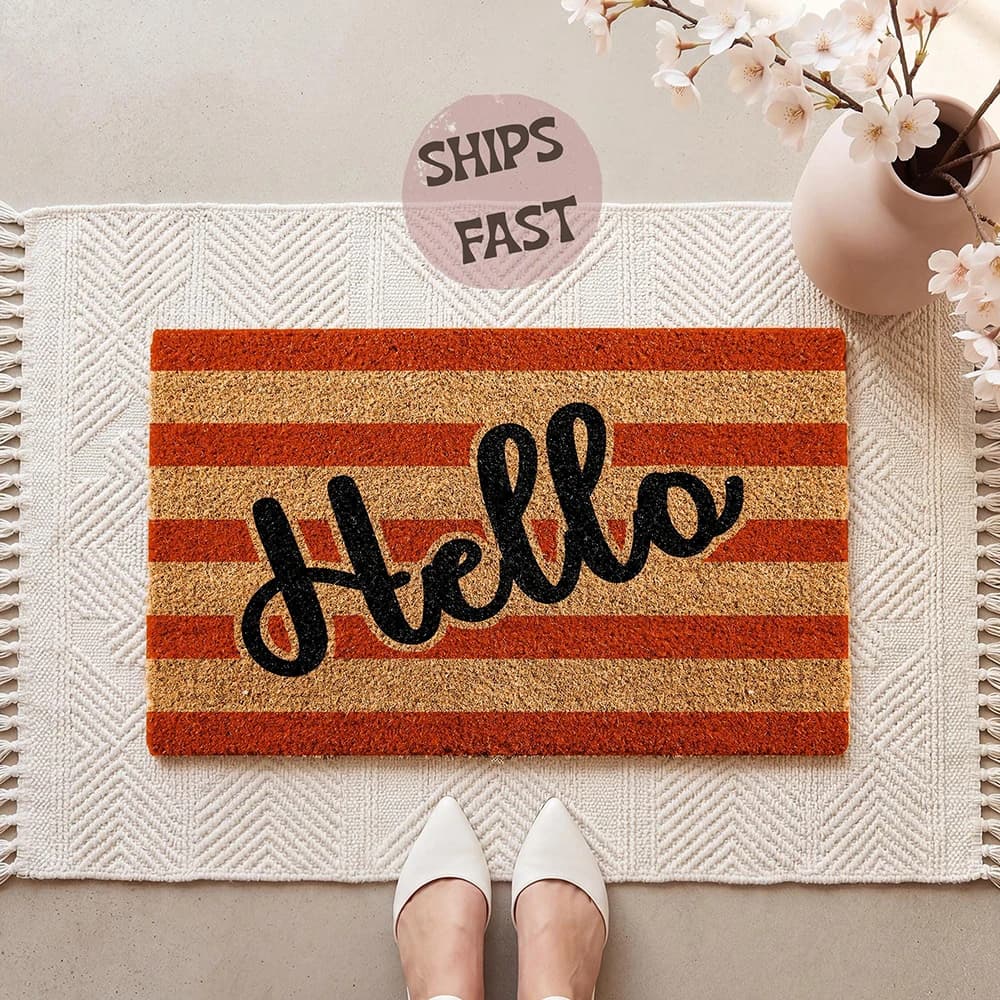 Custom Retro Print Welcome Mat Non Slip Entrance Mat Indoor Outdoor Thin Striped Hello Print Home Decor Floor Rug
