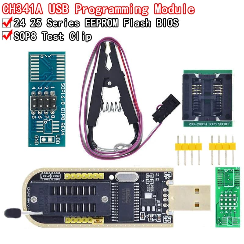 CH341A XTW100 24 25 serie EEPROM Flash BIOS CH341 modulo programmatore USB + SOIC8 SOP8 Clip di prova per EEPROM 93CXX / 25CXX / 24CXX
