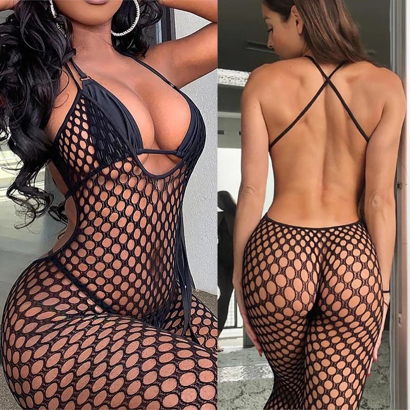 Tuta rete da pesca integrata scava fuori tuta biancheria di seta nera sexy femme bodystocking sexy placca donna abbigliamento sexy