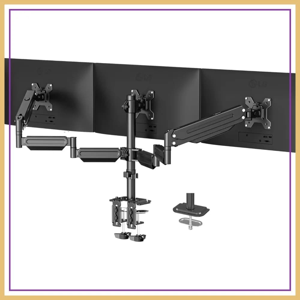 Supporto per tre monitor da 17-32 pollici, supporto da scrivania con regolazione a molla a gas, kit con morsetto e passacavo, nero