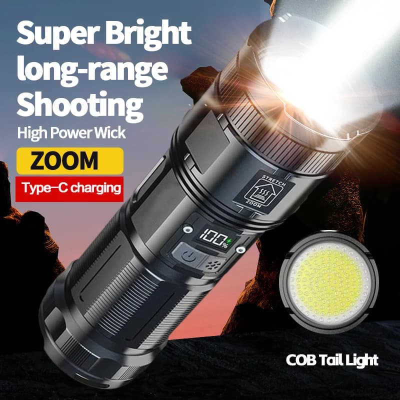 Torcia ricaricabile ad alta potenza LED a lungo raggio con display Lanterna fanale posteriore COB Batteria incorporata Torcia Stronglight di tipo C