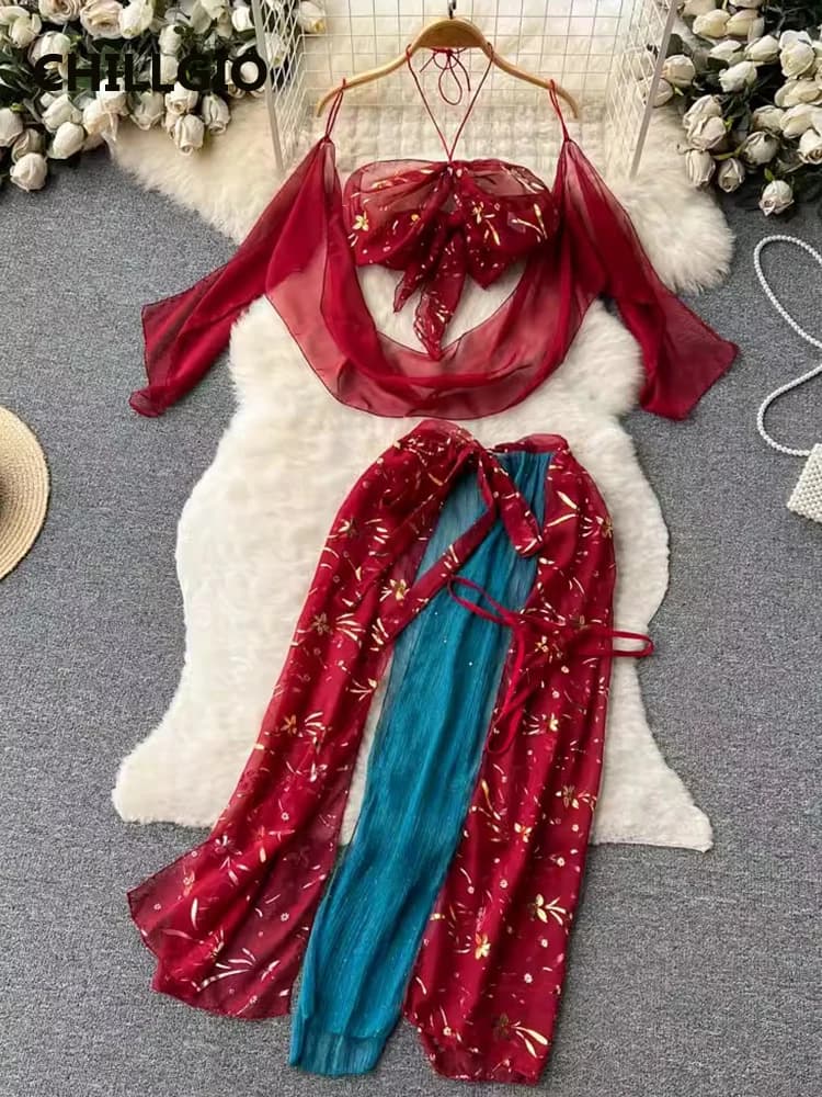 CHILLGIO donne Sexy gonna esotica abiti Vintage stampa floreale moda Casual erotico Hanfu 4 pezzi set pigiama in rete trasparente