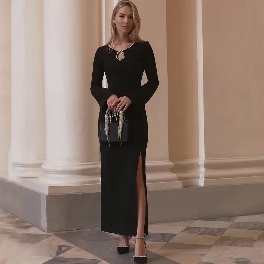 Flechazo Black Side Slit Evening Dress O-Neck Long Sleeves Ankle Length Women Simple Straight Banquet Party Gowns Custom Made