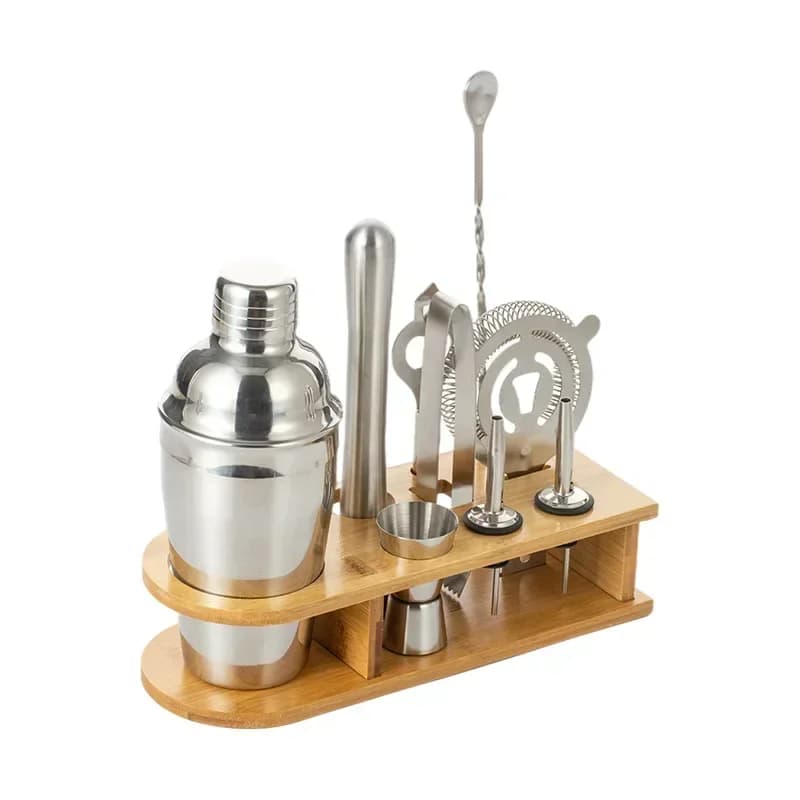 Strumenti professionali per bar Borsa con supporto in legno Regalo da viaggio Kit da barista in acciaio inossidabile Accessori da bar Set di shaker per cocktail