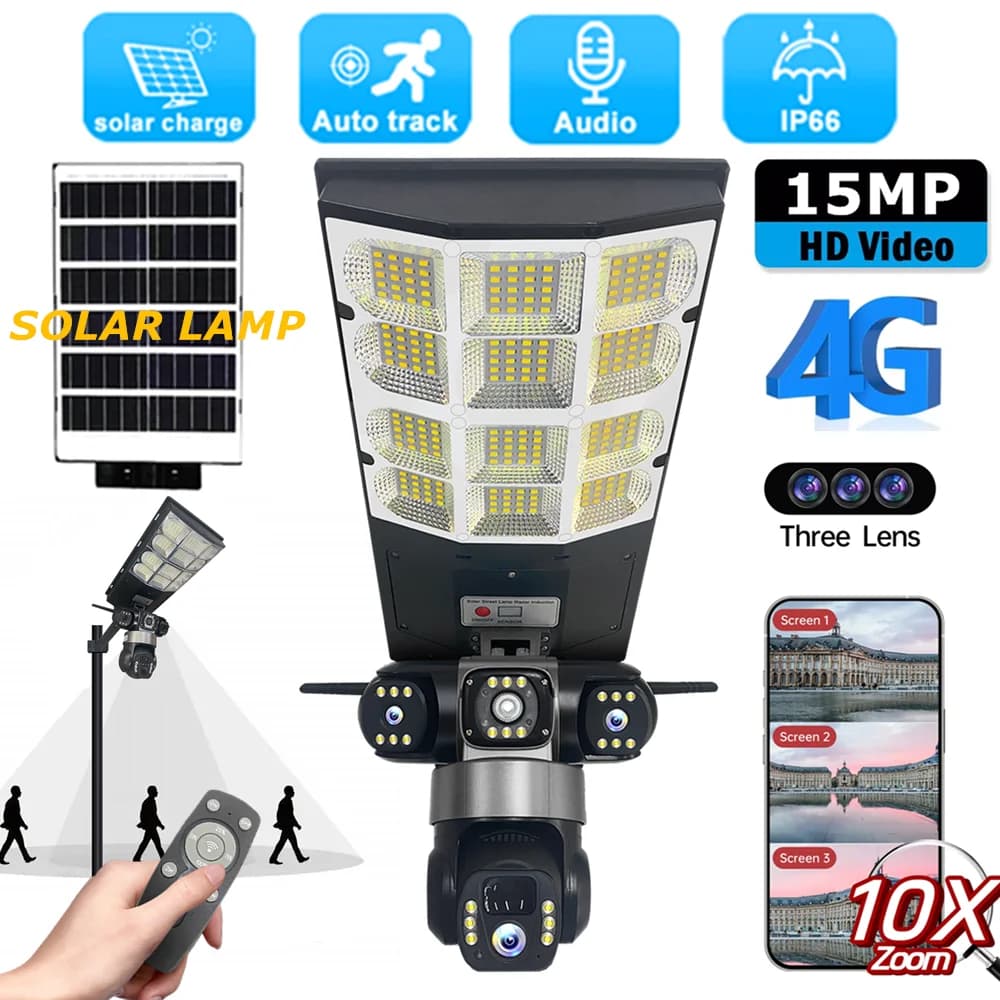 V380 Pro Lampione stradale Telecamera solare 4G Triplo schermo Visione notturna a colori 2-in-1 Sorveglianza di sicurezza CCTV PTZ impermeabile esterno