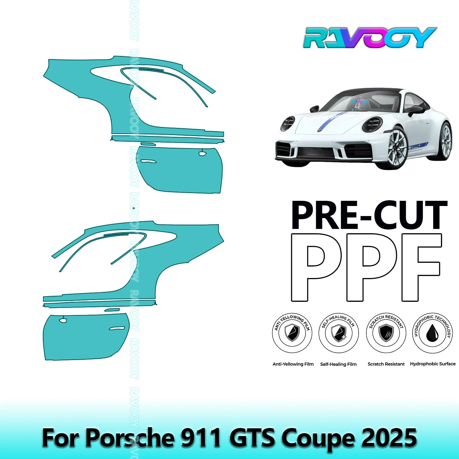 For Porsche 911 GTS Coupe 2025 8.5mil Transparent Opaco Pre-Cut PPF Door and Kit Pillar A/B Protection Film TPU