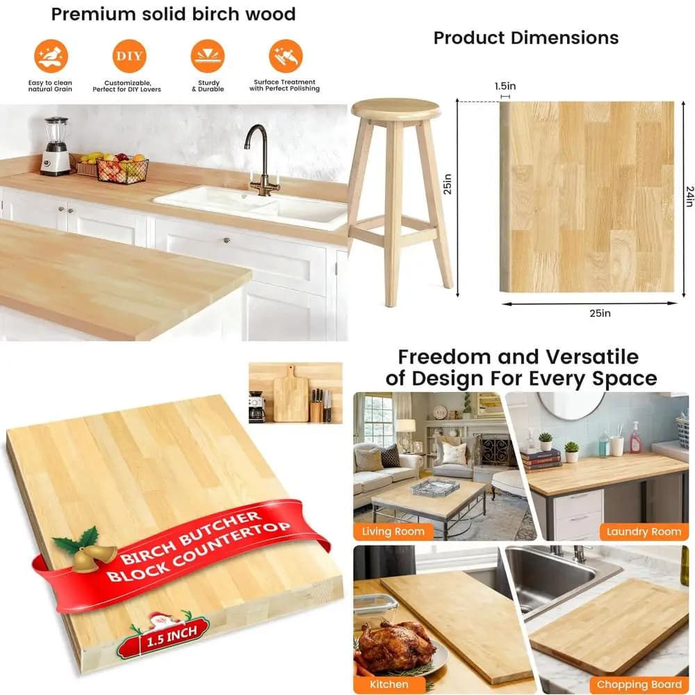 Customizable birch wood cutters 24x25x1.5, unfinished DIY worktop for kitchen island and work table