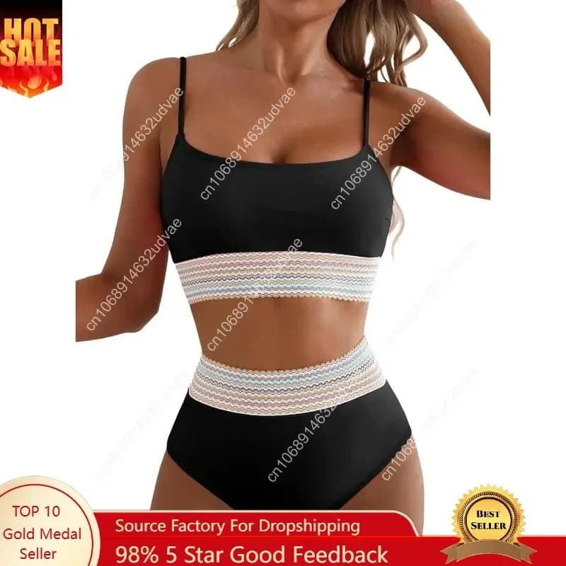 Women's Bikini Sets Colorblock Trim 2 Piece High Waisted Swimsuit Scoop Neck Adjustable Spaghetti Straps Bathing Suit