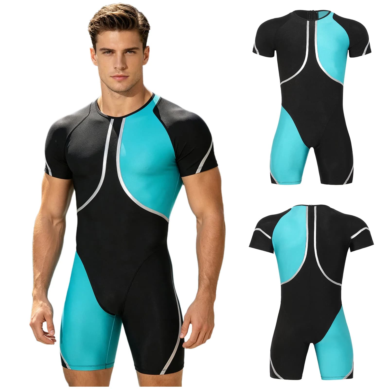 Mens One-piece Swimsuit Swimwear Beachwear Swim Leotard Short Sleeve Metallic Trim Color Blocking Jumpsuit Thigh Length Bodysuit
