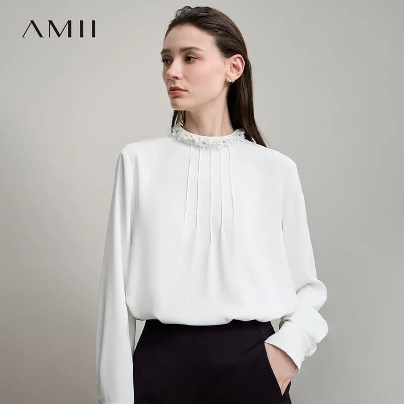 AMII Women's White Minimalist Shirt 2025 Autunno french elegant collar loose shirt in chiffon office women's shirts 12523053