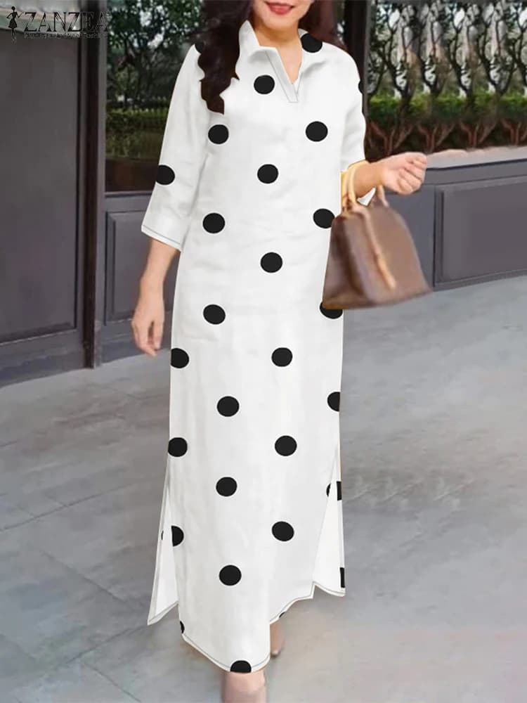 2025 ZANZEA Eleagnt Polka Dot Dress Women's Summer Dress Fashion Rewinded Collar Sleeve 3/4 Baggy Work Dresses Robe Femme Plus Size