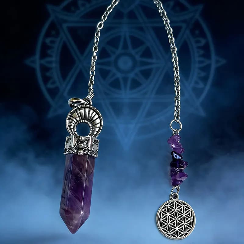 Ciondolo in pietra preziosa naturale Pendolo con ametista per divinazione Guarigione Fiore della vita Penduli in cristallo di quarzo viola x381