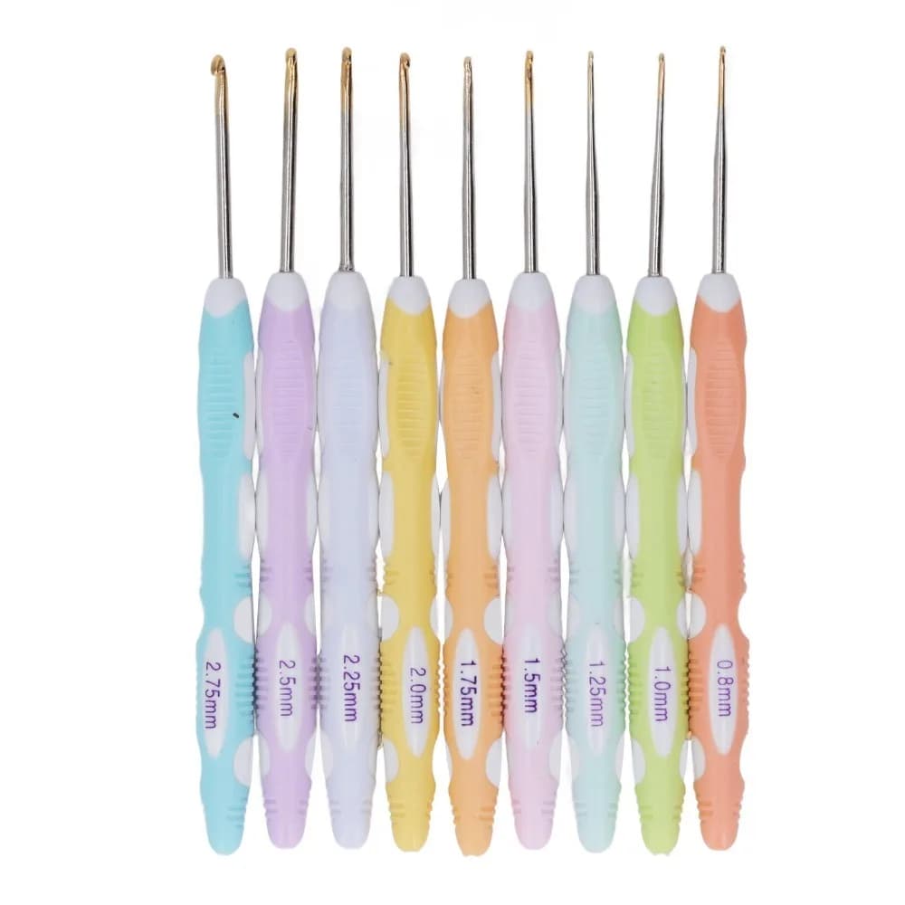 9pcs 0.8mm-2.75mm Aluminum Crochet Hooks Portable Design Silicone Handle Ergonomic Crochet Needles Soft Comfort Grip Handles