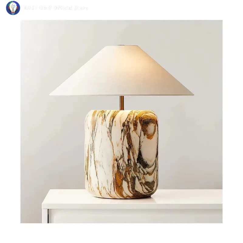 Lampada da Tavolo Moderna Decorativa in Marmo Naturale, Blocco Decorativo in Marmo Dorato Karakata a Forma di Fungo