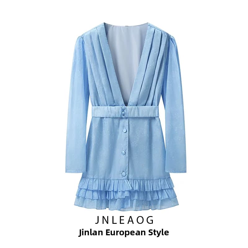 JNLEAOG Blue V-neck Printed Comfortable Summer New Style Women's Dress Waist-cinching H-line Holiday Fashion Polyester Long S...