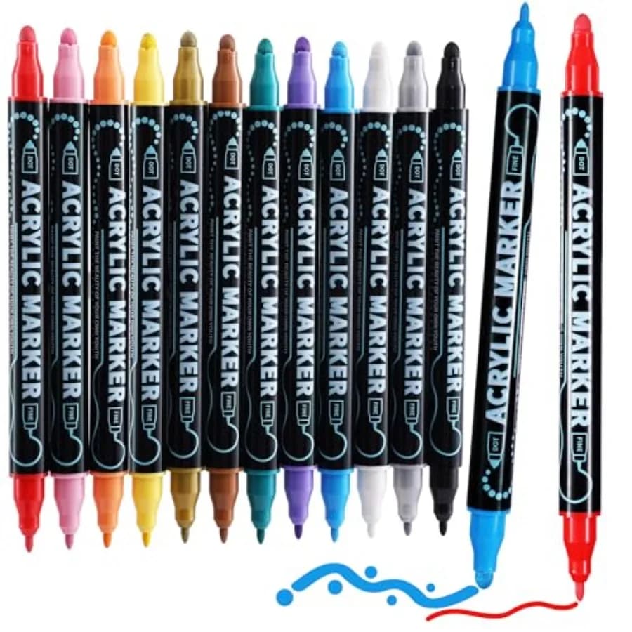Dual Tip Acrylic Paint Markers, Premium Dot and Fine Tip Coloring Paint Pens for Rock, Wood, Fabric, Canvas, Glass, Paper, Cera