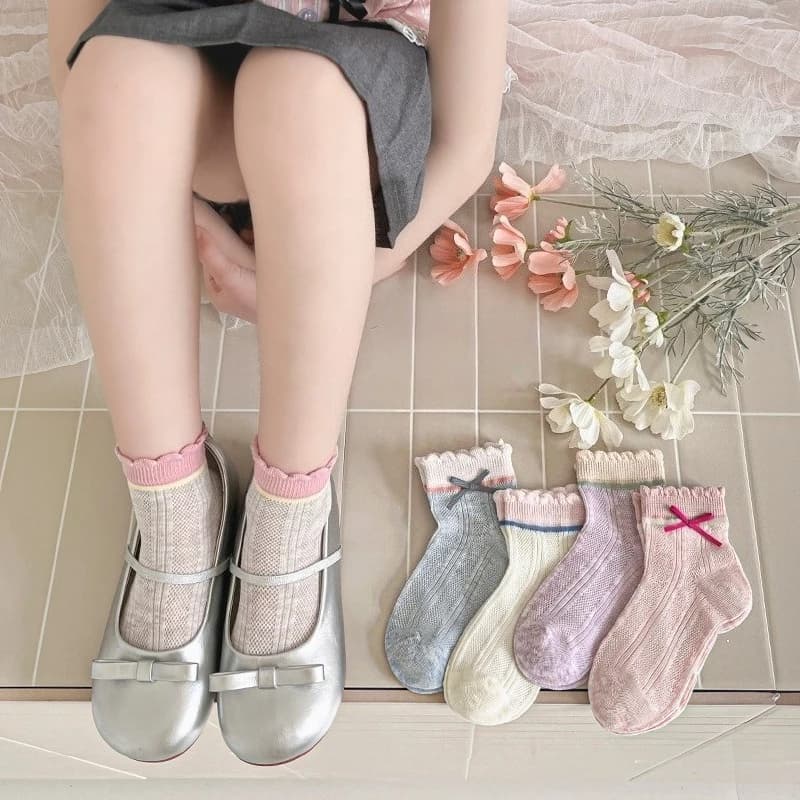 Calzini alla caviglia in cotone per bambini con volant e fiocco, morbidi e traspiranti, per la scuola, feste di compleanno e abbinamenti eleganti