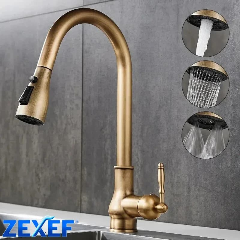 ZEXEF Rubinetto articolato Lavello da cucina Miscelatore Solo Bronzo antico Gru estraibile 3 in 1 Acqua calda fredda con accessorio spruzzatore