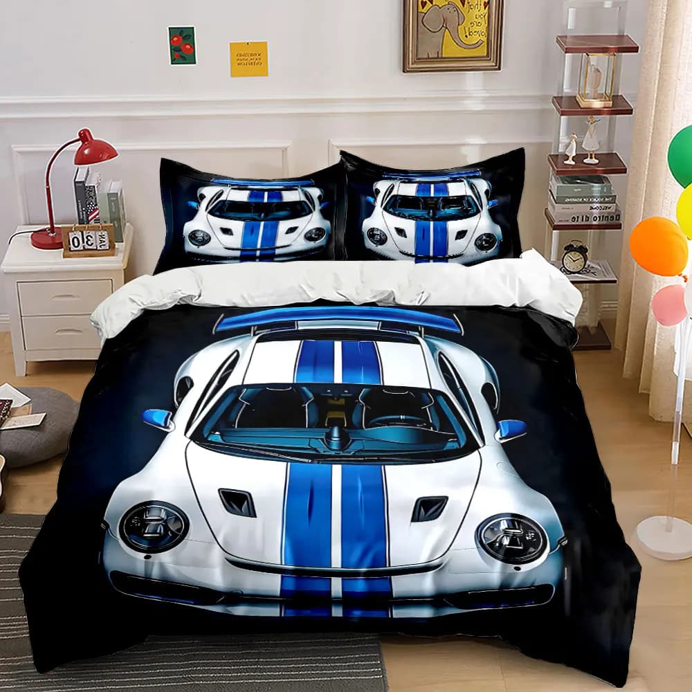 White sports car with blue stripes Duvet Cover Set with 3D Printing Design Soft Polyester Bedding Set All-Season Comfort