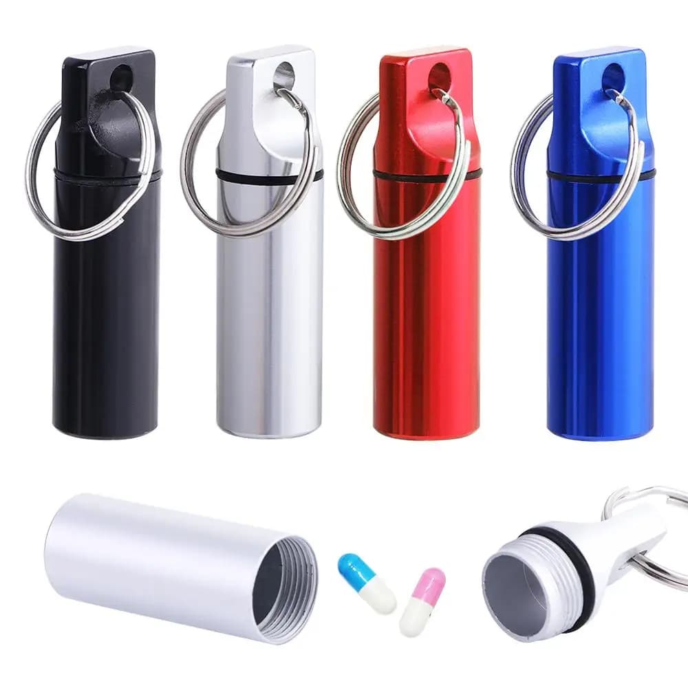 Aluminium Container for Pills, Organizer for Vitamins and Medicines from Exterior, Pill with Keychain