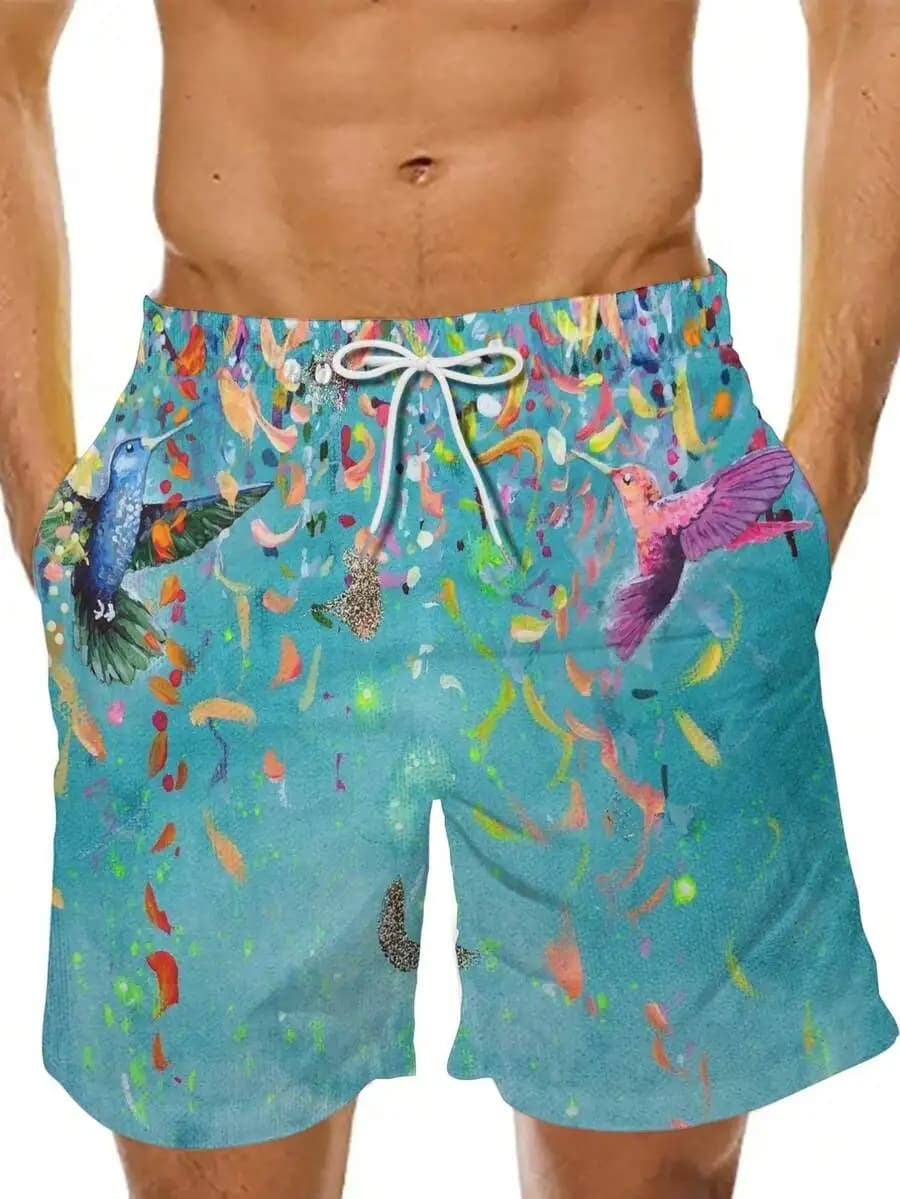 Mens Beach Shorts With Hummingbird Art Print Vibrant Gradient Color Casual Summer Swim Trunks