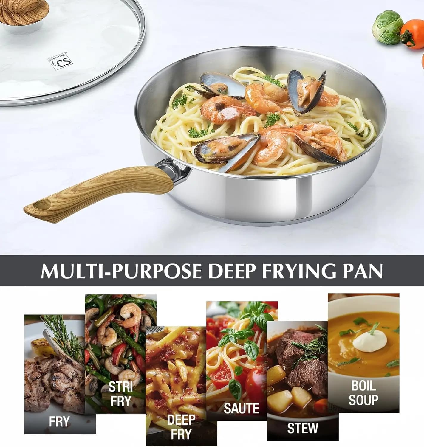 KOCH SYSTEME CS pan with lid, 10 inch stainless steel pan with lid, pan with bachelite handle