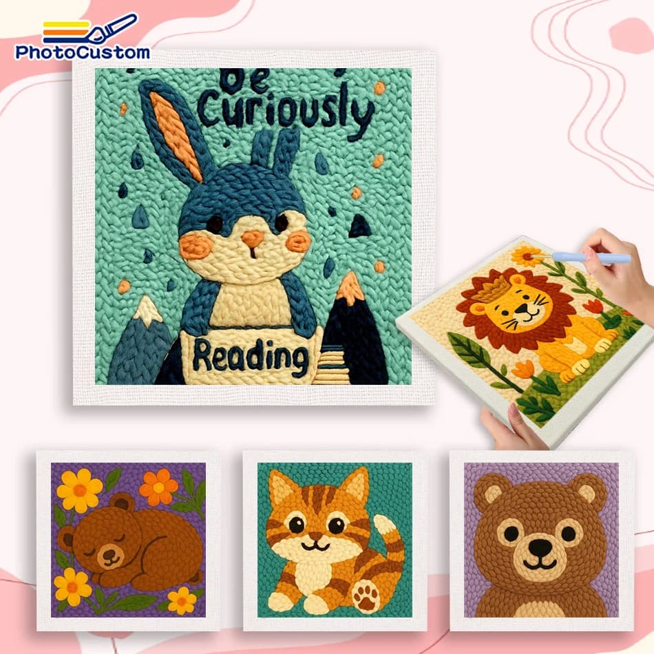 PhotoCustom Bear Diy Needle Punch Kit Threader, Yarns, Rug Punch Crafts Gift Animal Embroidery Punch Needle Kits For Adults Embr