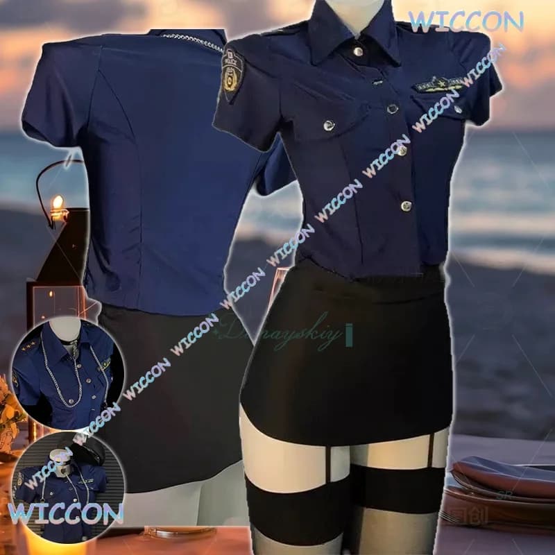 Ynot/Donna Uniforme da hostess della compagnia aerea Colletto da ufficiale di polizia Gonna Calzini con spalline in seta nera Camicia Festa di Halloween San Valentino
