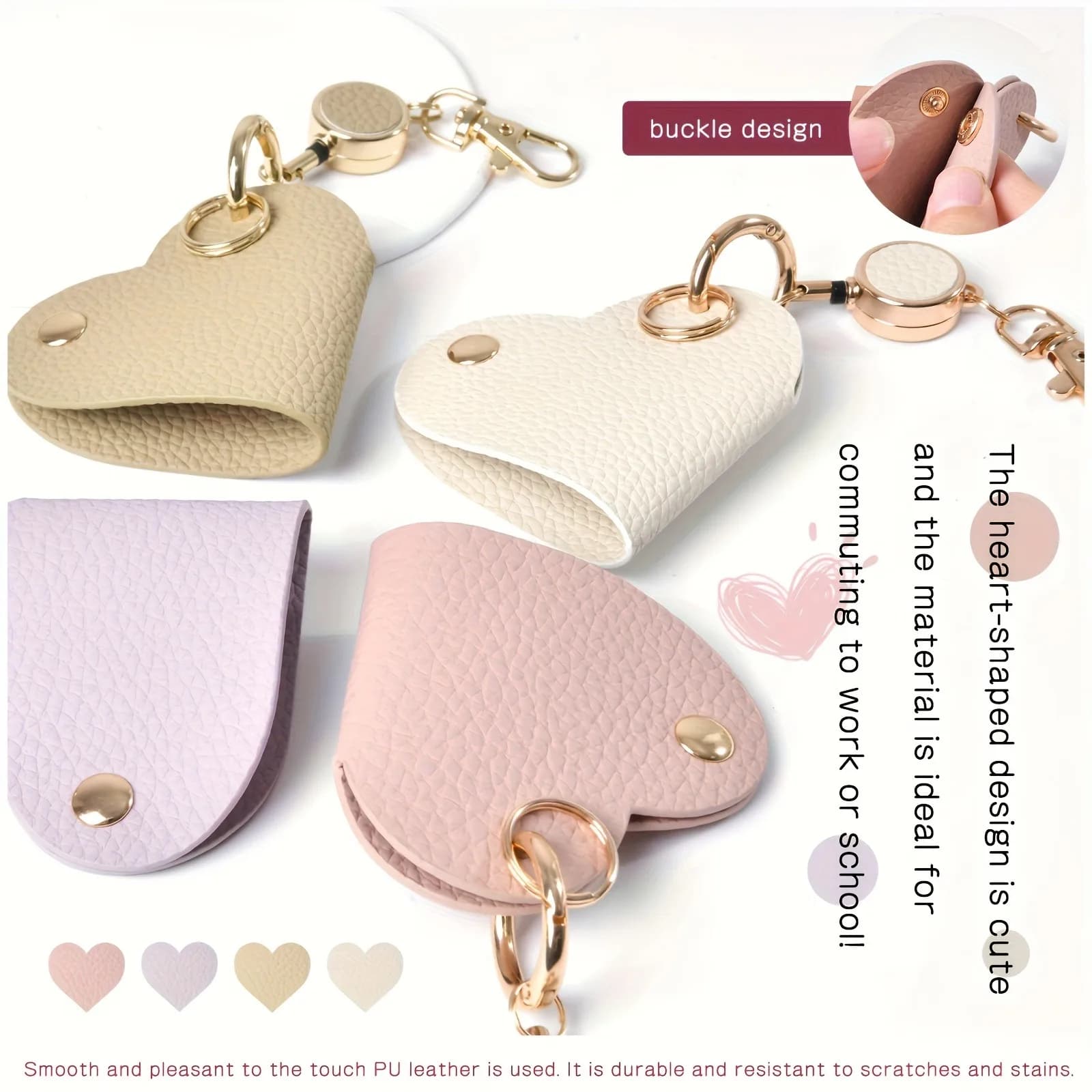 Heart-shaped leather keychain with easy to open buckle, niche key case, multiple keys, retractable cord key chain
