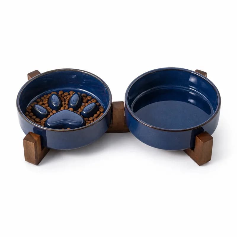 Japanese Style Ceramic Slow Feeder Bowl with Wooden Stand Anti Choking Food Water Bowl for Cats Dogs Puppies Small Medium Pet