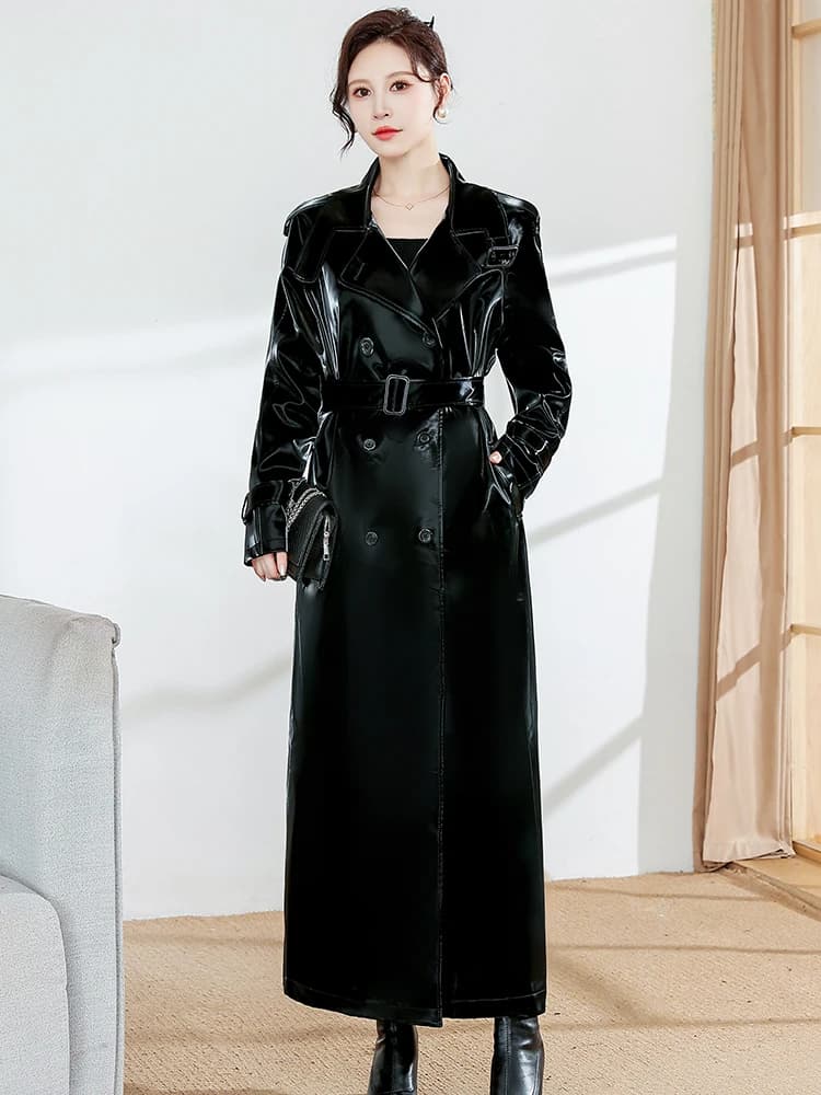 Nerazzurri autunno Extra lungo nero riflettente lucido vernice Trench in ecopelle per cintura donna Cool moda europea 2023