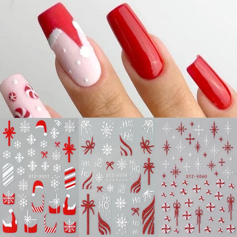 3pc 3D Festivo Natale Nail Art Adesivi Rosso Cappelli di Natale Bowknot Caramelle Fiocco di neve Francese Manicure Capodanno Cursori adesivi Decor