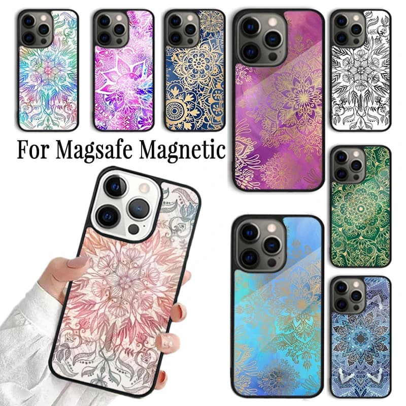 Cover per iPhone con Mandala Floreale e Fiori, Compatibile con Magsafe, per iPhone 17 16 15 14 13 12 11 Pro Max Plus
