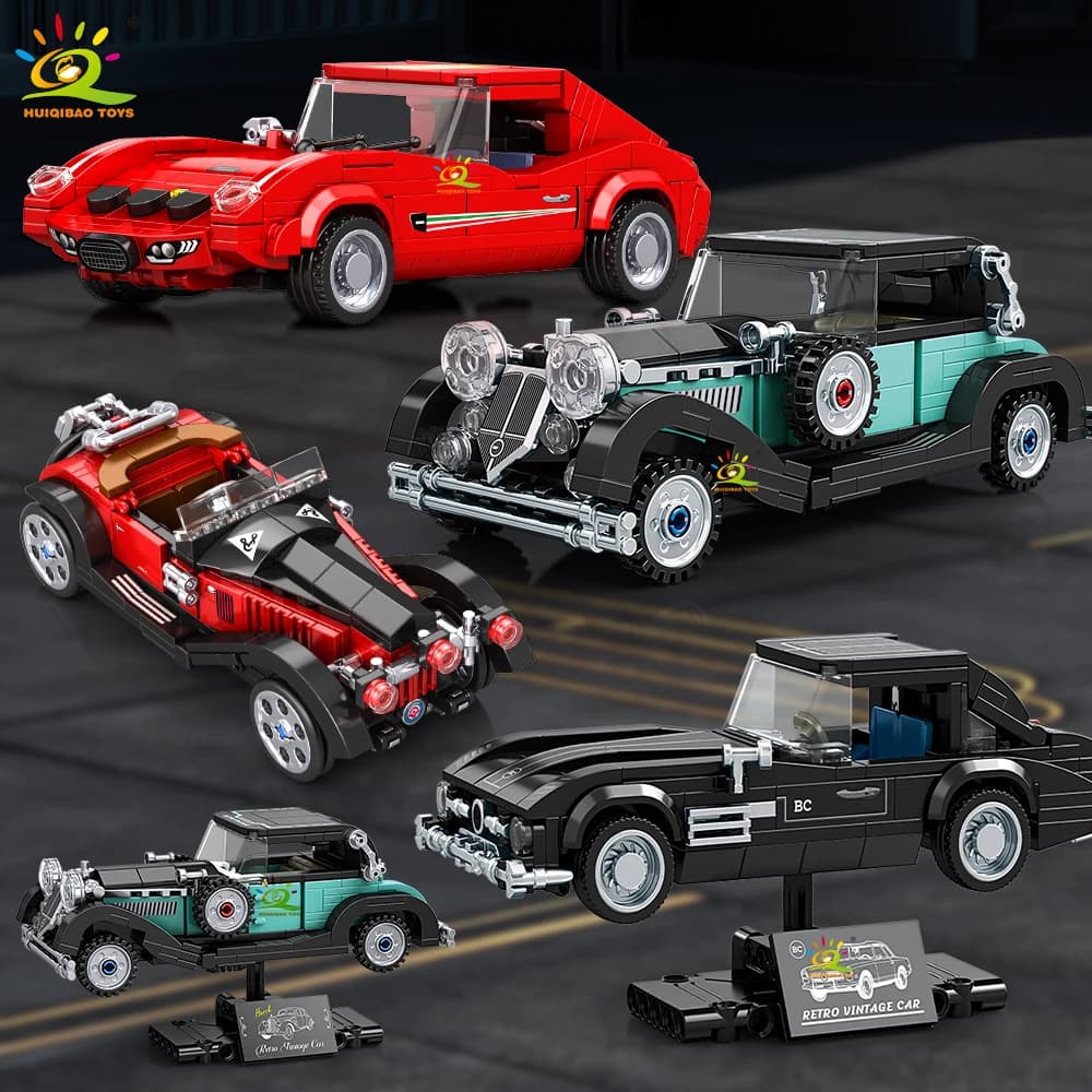HUIQIBAO MOC Auto Sportiva Retrò con Espositore, Set di Blocchi da Costruzione, Modello Classico di Camion da Corsa Urbano, Kit di Mattoncini Ornamentali
