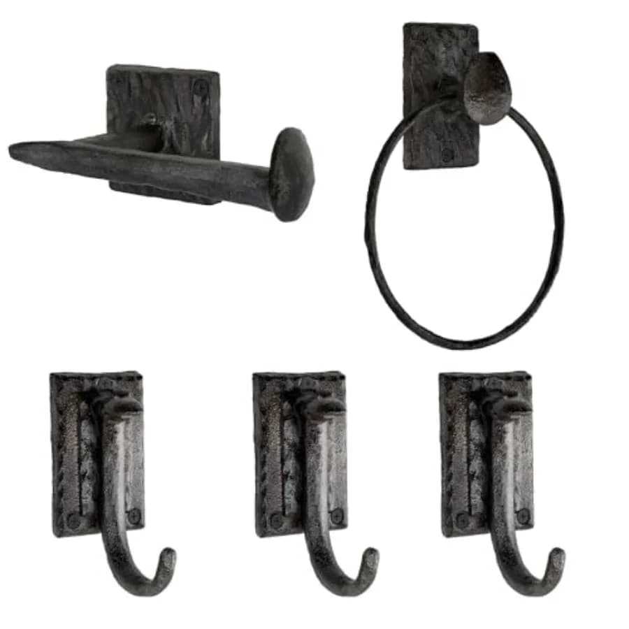 Bathroom hardware set: cast iron, black, hammered effect, railroad spike design for towel ring, toilet paper holder, and 3 bath