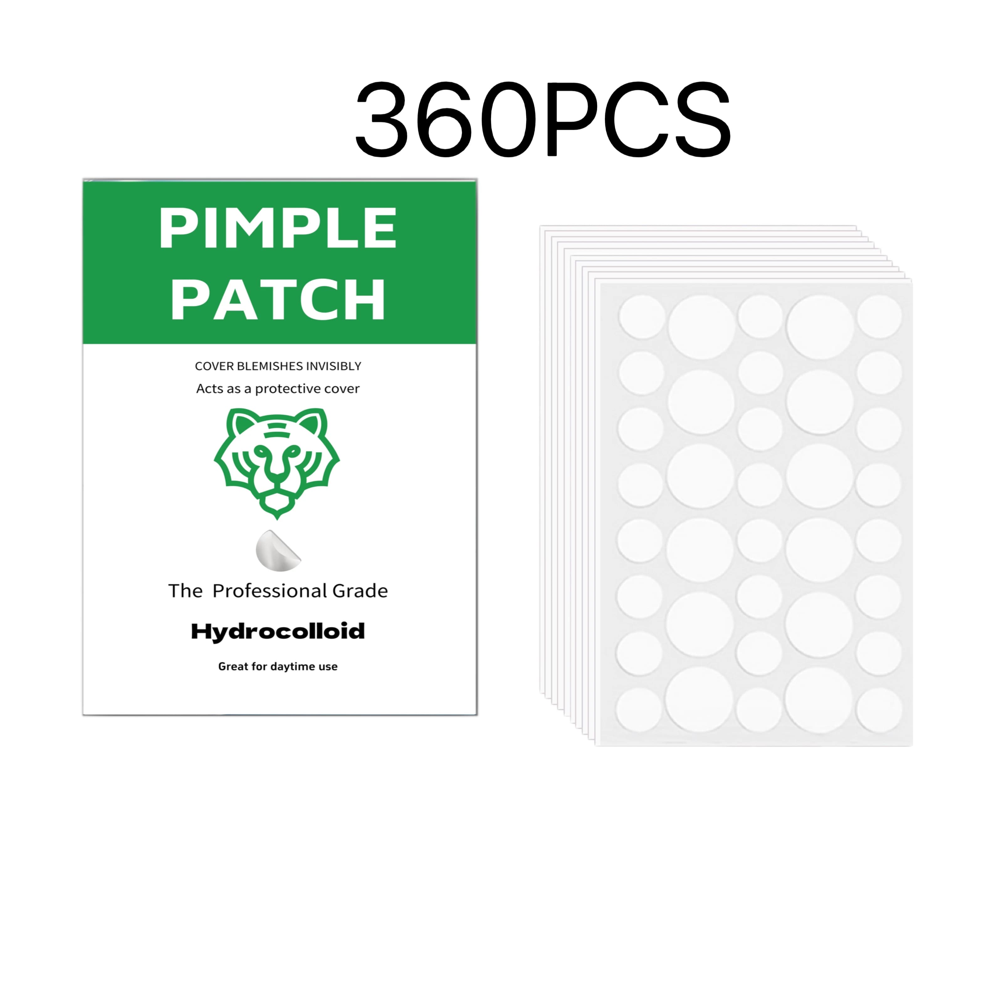 Unisex Clear Round Hydrocolloid Acne Patches 360 Counts Ultra Invisible Waterproof Blemish Cover Stickers Simple Green Tiger Pro