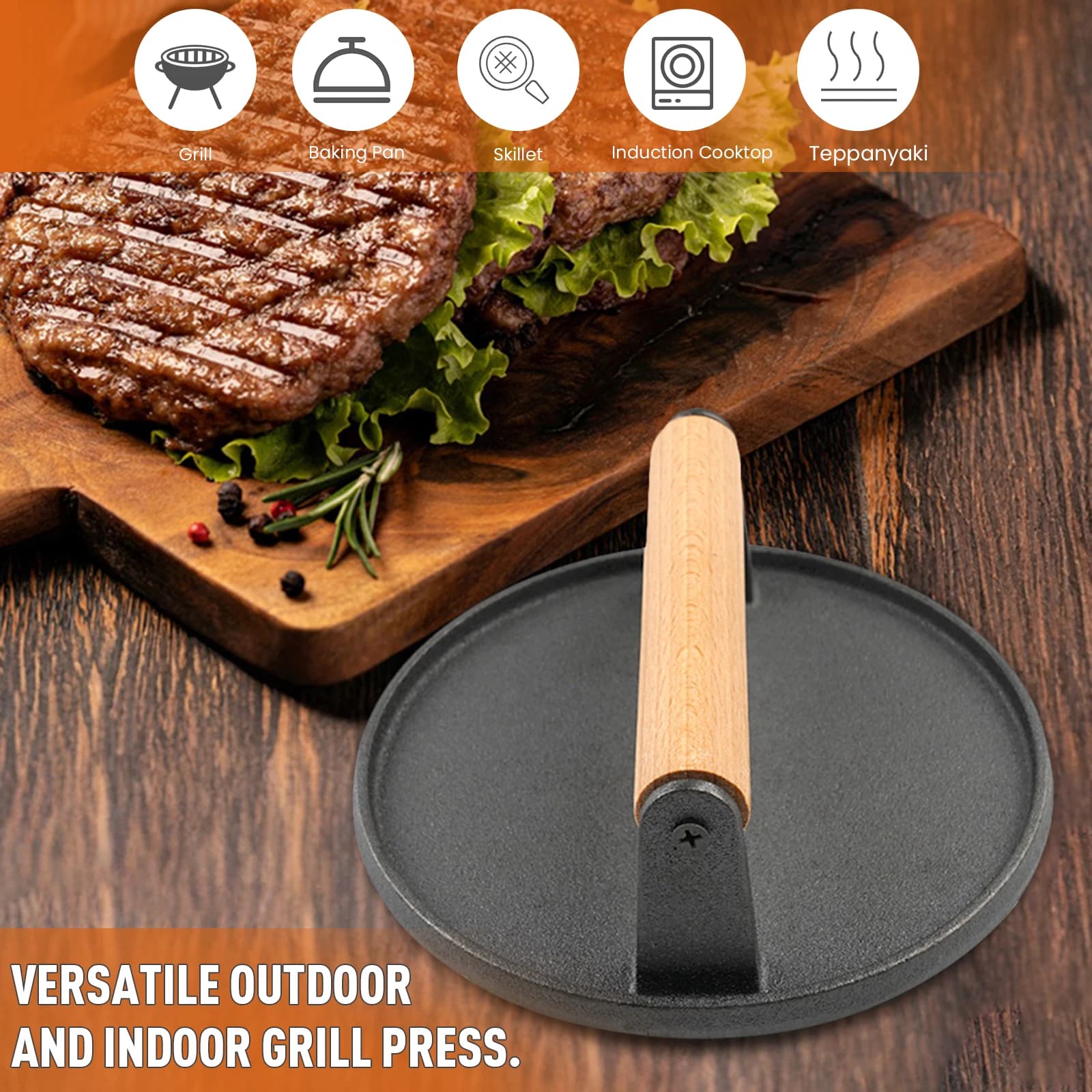 Pressa per Hamburger in Ferro con Manico in Legno, Piastra Antiaderente per Pressare e Friggere Carne, Ideale per Panini e Barbecue all'Aperto