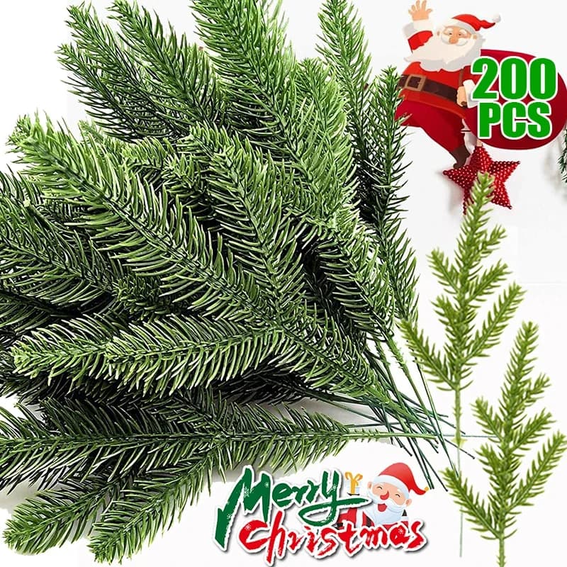 1-200 pz branches of artificial pine needles of Christmas pine leaves stems wreath Decor fake plants wreath for New Year's Gift Party DIY