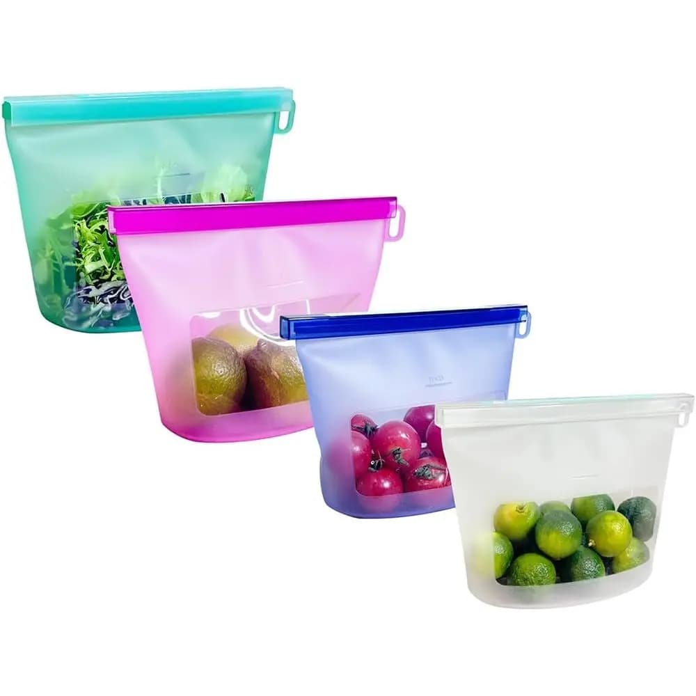 Set di 4 Sacchetti Riutilizzabili in Silicone per Alimenti, Lavabili in Lavastoviglie, Adatti per Forno, Microonde, Congelatore, Ecologici, Anti-Perdita, per Cottura Sous Vide, Mix