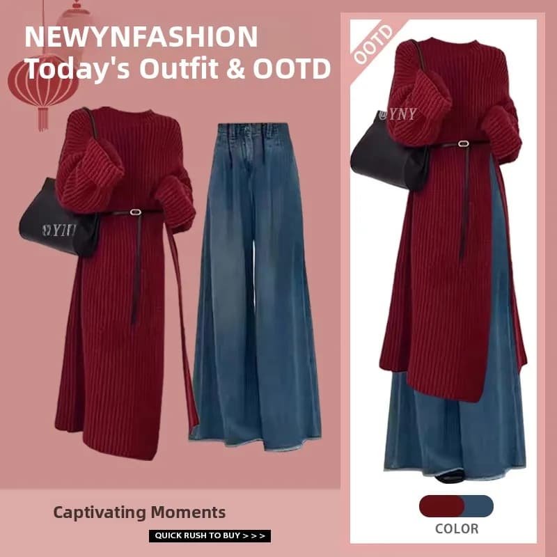 Set Due Pezzi Invernale: Maglione Lavorato a Maglia e Jeans a Vita Alta a Gamba Larga per Donna, Lunghezza Media con Spacco, Effetto Snellente